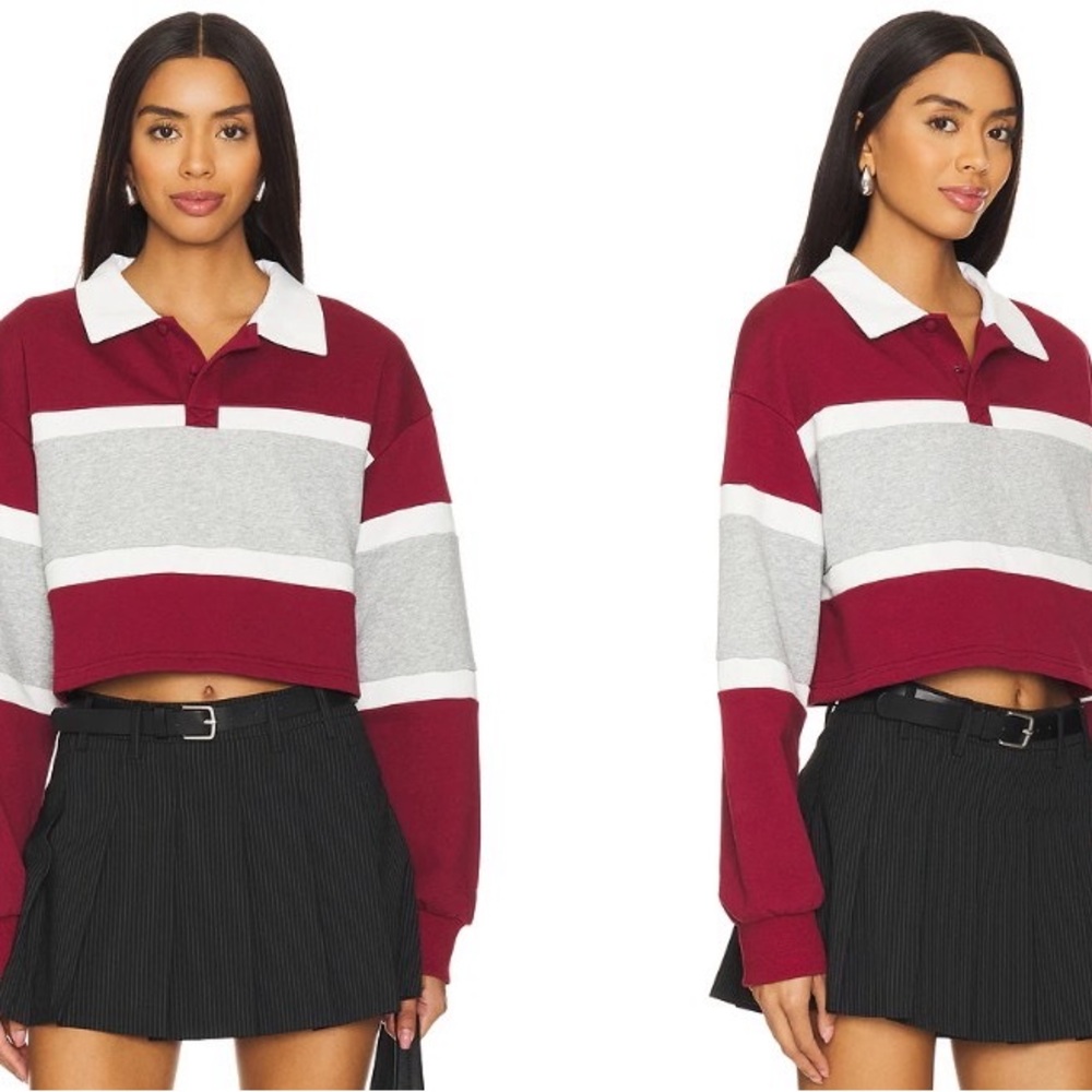 Superdown Julet Cropped Rugby Polo Top in Burgundy, Gray & White